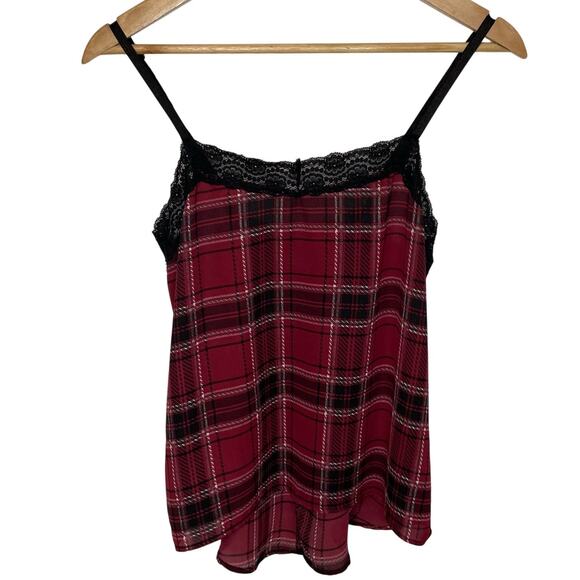 Rue21 Tops - Rue21 Red Plaid Camisole S Womens Sleeveless Lace Trim Satin Lightwegiht